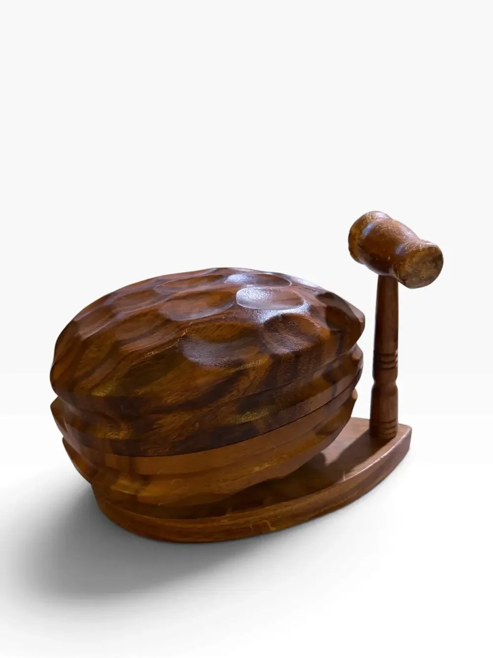 MCM Vintage Hand Carved Monkey Pod Wood Walnut Nut Bowl Set with Mallet